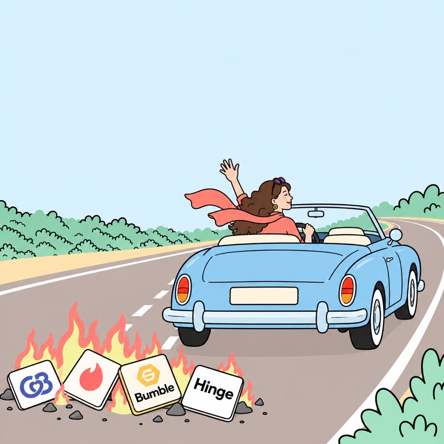 Illustration of a woman driving away in a blue convertible, waving goodbye, while Match, Tinder, Bumble and Hinge app icons burn on the roadside behind her
