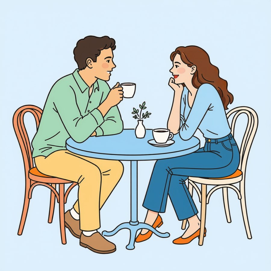 Illustration of a relaxed first coffee date: a man and woman smiling and chatting at a small cafe table
