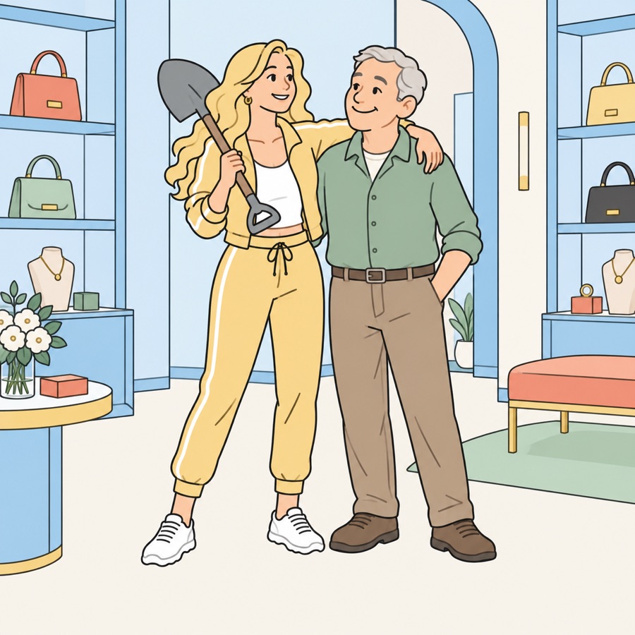 Illustration of a gold digger: a young woman holding a shovel poses with a much older man in a luxury handbag boutique