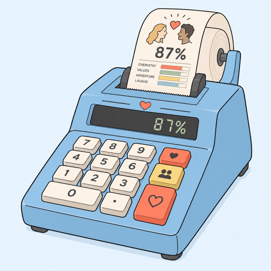 Illustration of the science of first impressions: a calculator prints a receipt scoring a new couple's first impression at 87 percent
