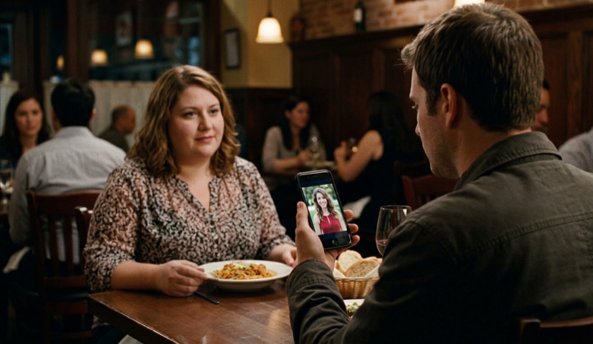A man on a date holding up a phone, realizing his match looks nothing like her profile photo