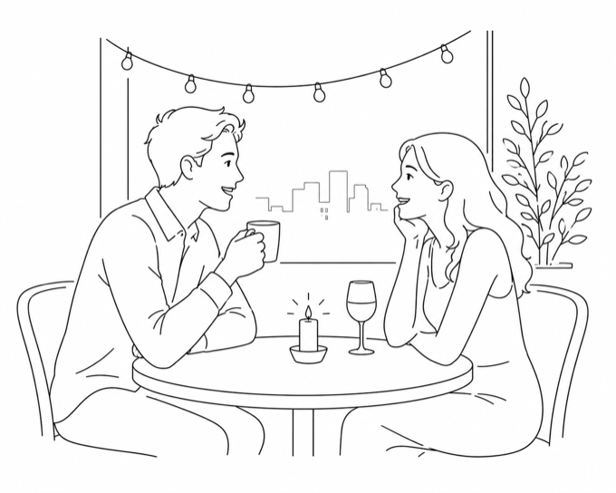 Two people talking across a candlelit table on a first date