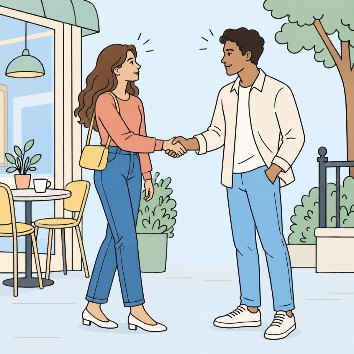 Illustration of a man and woman smiling and shaking hands outside a cafe as they meet for the first time.