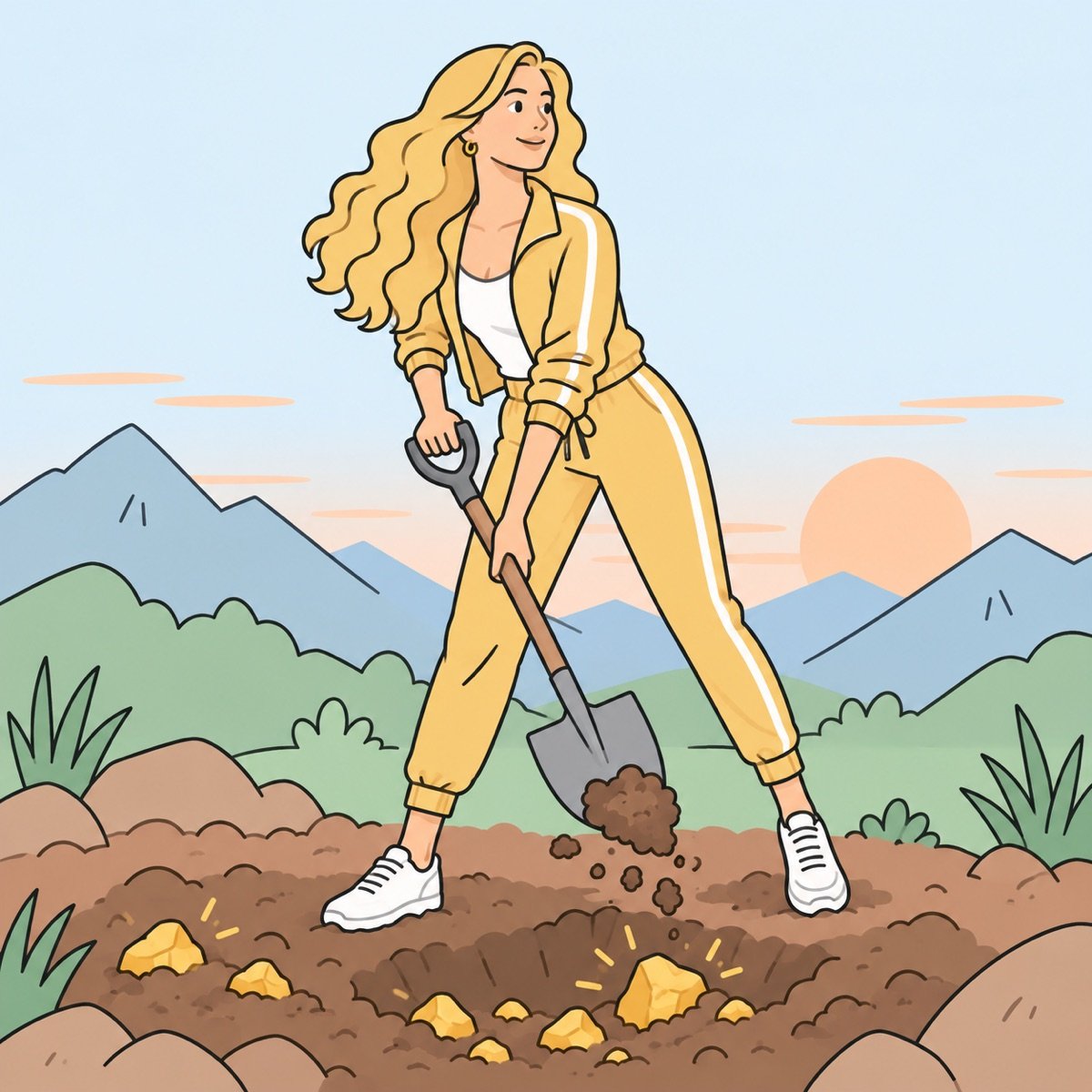 Illustration of a smiling woman in a yellow tracksuit digging for gold nuggets with a shovel.