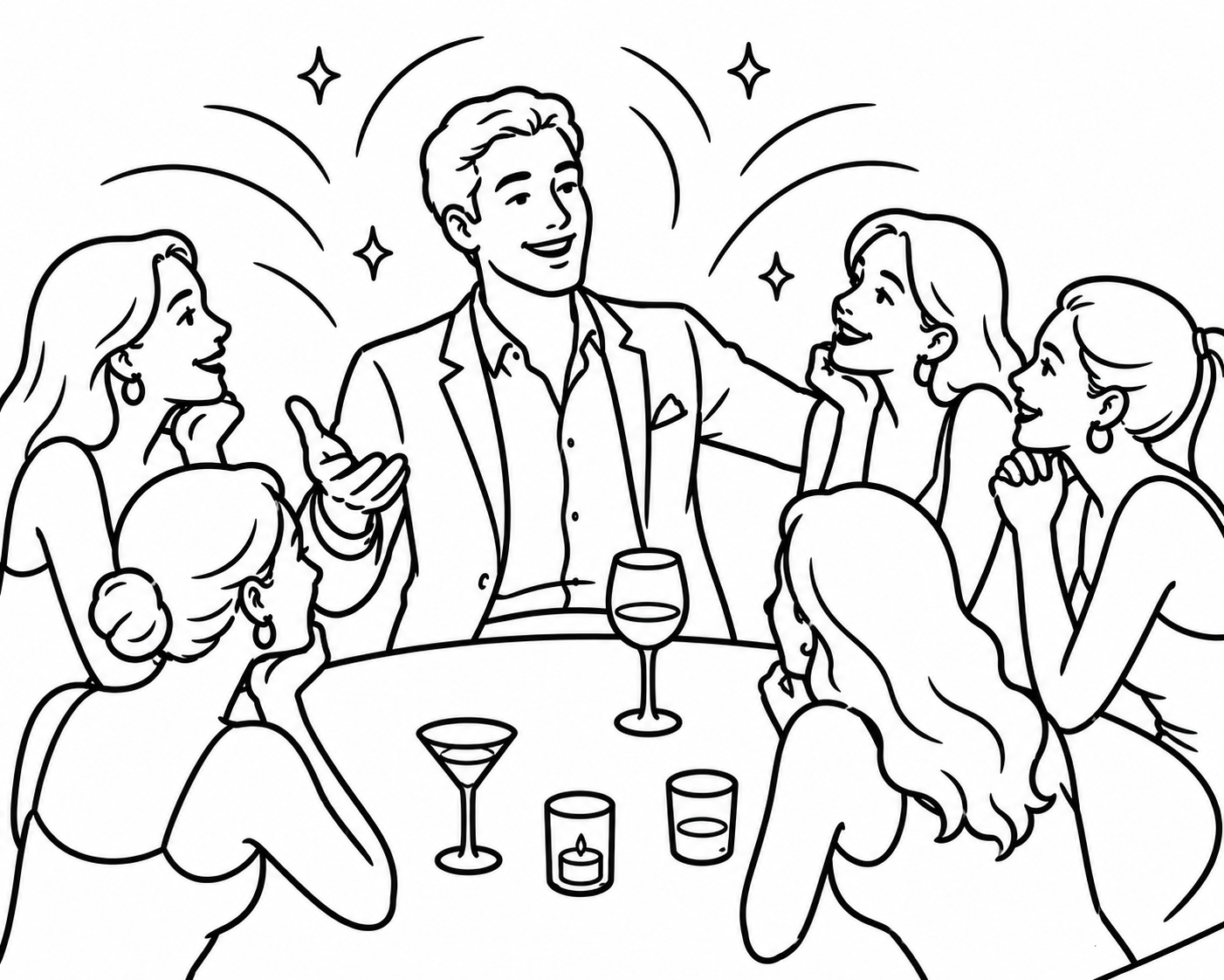 Illustration of a magnetic, charismatic person drawing others toward them in a social setting.