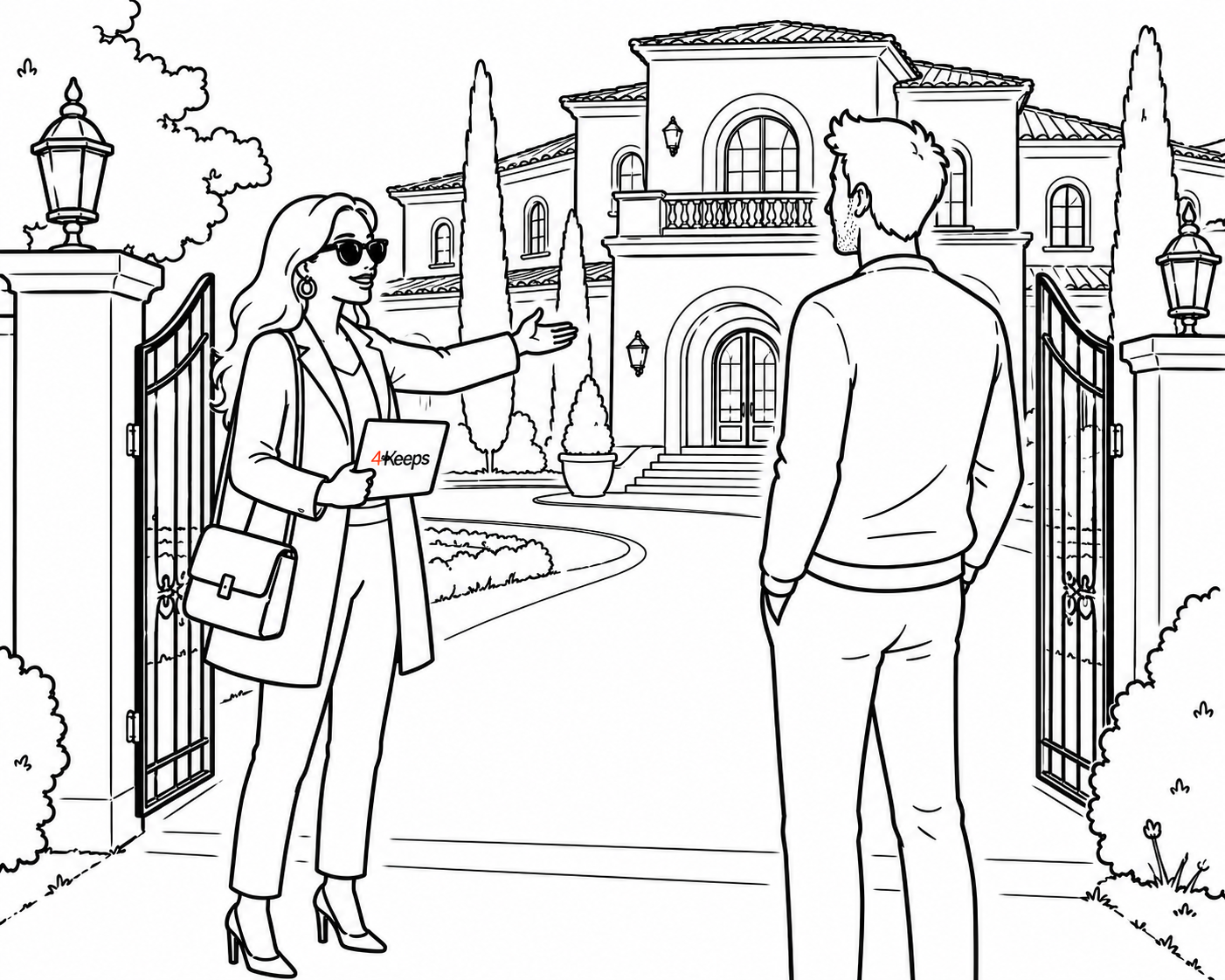 A grand luxury mansion with a 'for sale' sign, illustrating the idea that a highly attractive woman on the dating market is like an ultra-premium listing: few genuine buyers, many tire-kickers, and a sale that needs the right specialist rather than the open market.