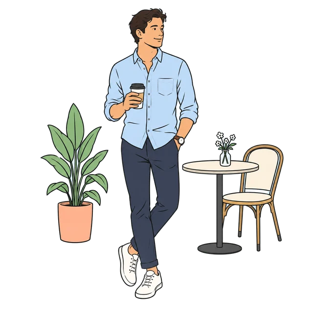 A guy in a light blue button-down, navy chinos and white sneakers, holding a coffee at a cafe