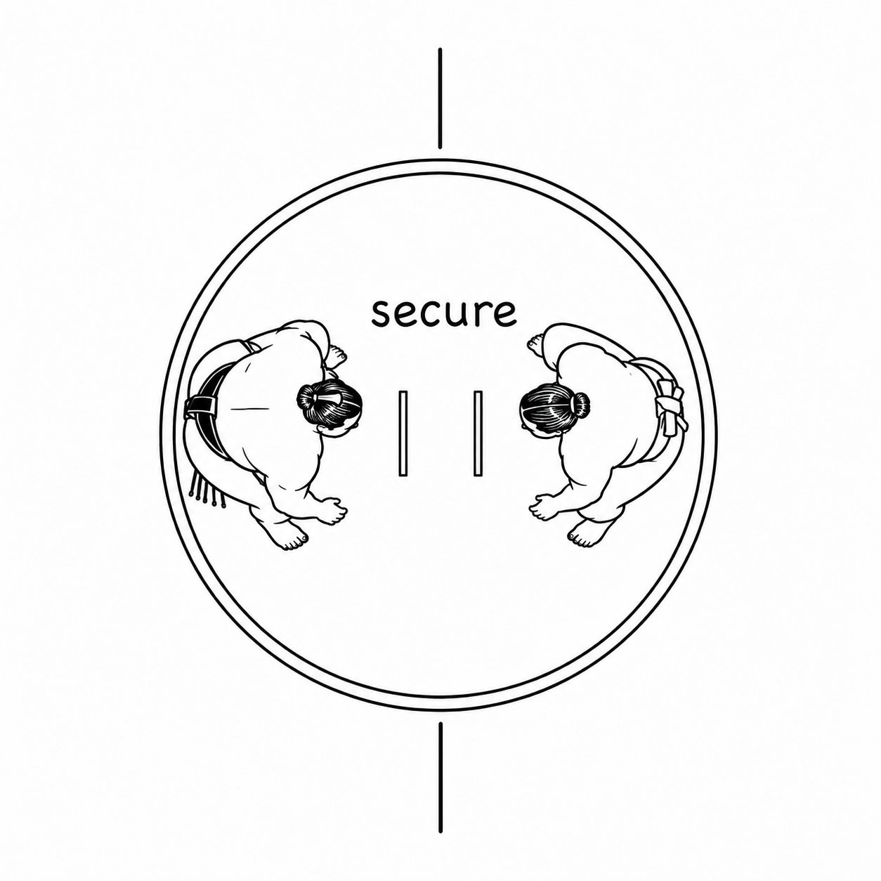 Top-down view of a sumo ring with two wrestlers standing centered and balanced, labeled 'secure': the starting position before an accidental shove tips one toward the anxious edge and the other toward the avoidant edge.