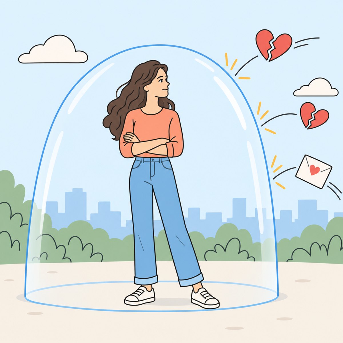 Illustration of a confident woman with her arms crossed, standing calmly inside a glass dome while broken hearts and a love letter bounce off it: staying secure in yourself when he's not into you.