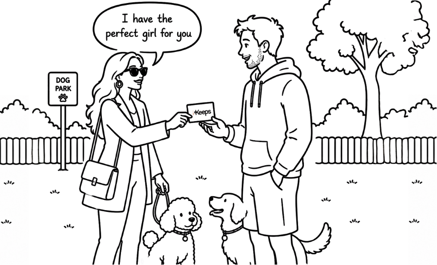 A 4Keeps matchmaker telling a client she has the perfect match for him
