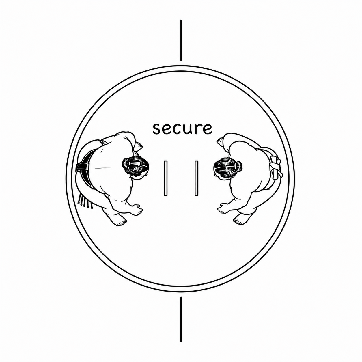 Top-down view of a sumo ring with two wrestlers standing centered and balanced, labeled 'secure': the starting position before an accidental shove tips one toward the anxious edge and the other toward the avoidant edge.