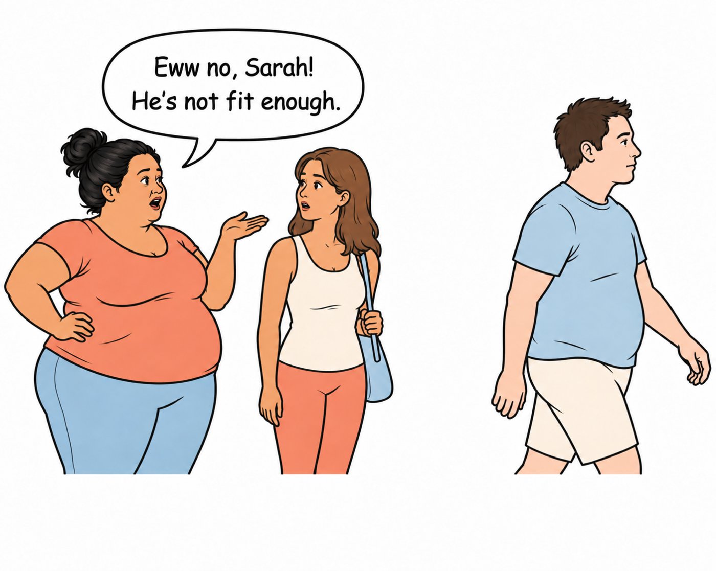 Illustration of unrealistic dating expectations: an overweight woman tells her slim friend that a man walking past is 'not fit enough', holding him to a standard she doesn't meet herself.